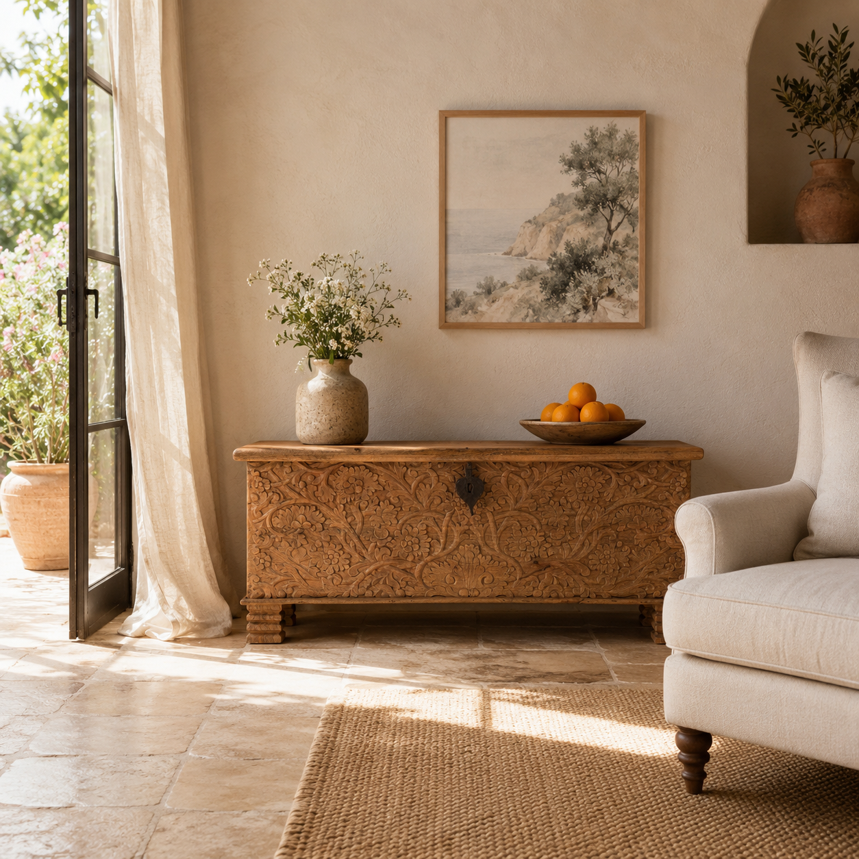 Lifestyle image of a hand-carved mango wood storage chest with floral detailing and iron fittings – wooden carved chest ideal for use as elegant bedroom furniture or storage.