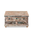 White background image of a handcrafted mango wood coffee table Box Table Panipat with drawers and box storage, vintage coffee table design, 90 × 90 × 45 cm.