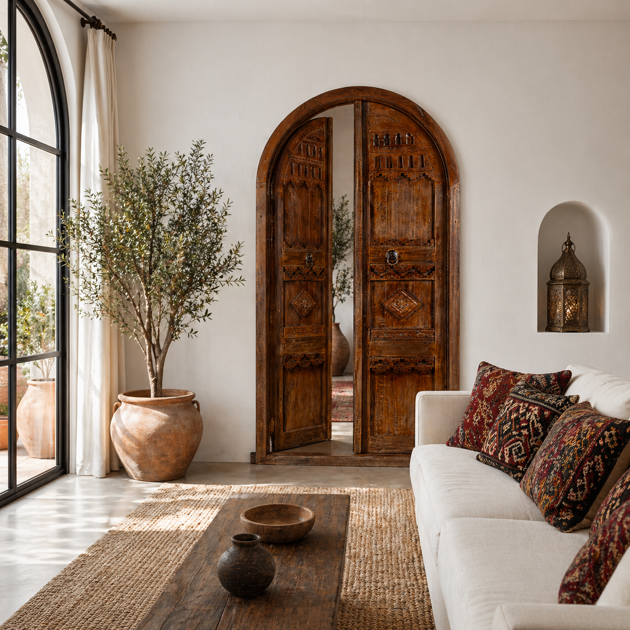 Lifestyle image of a handcrafted arched carved wooden door made from reclaimed wood – a Moroccan-style piece ideal for boho and rustic interiors.