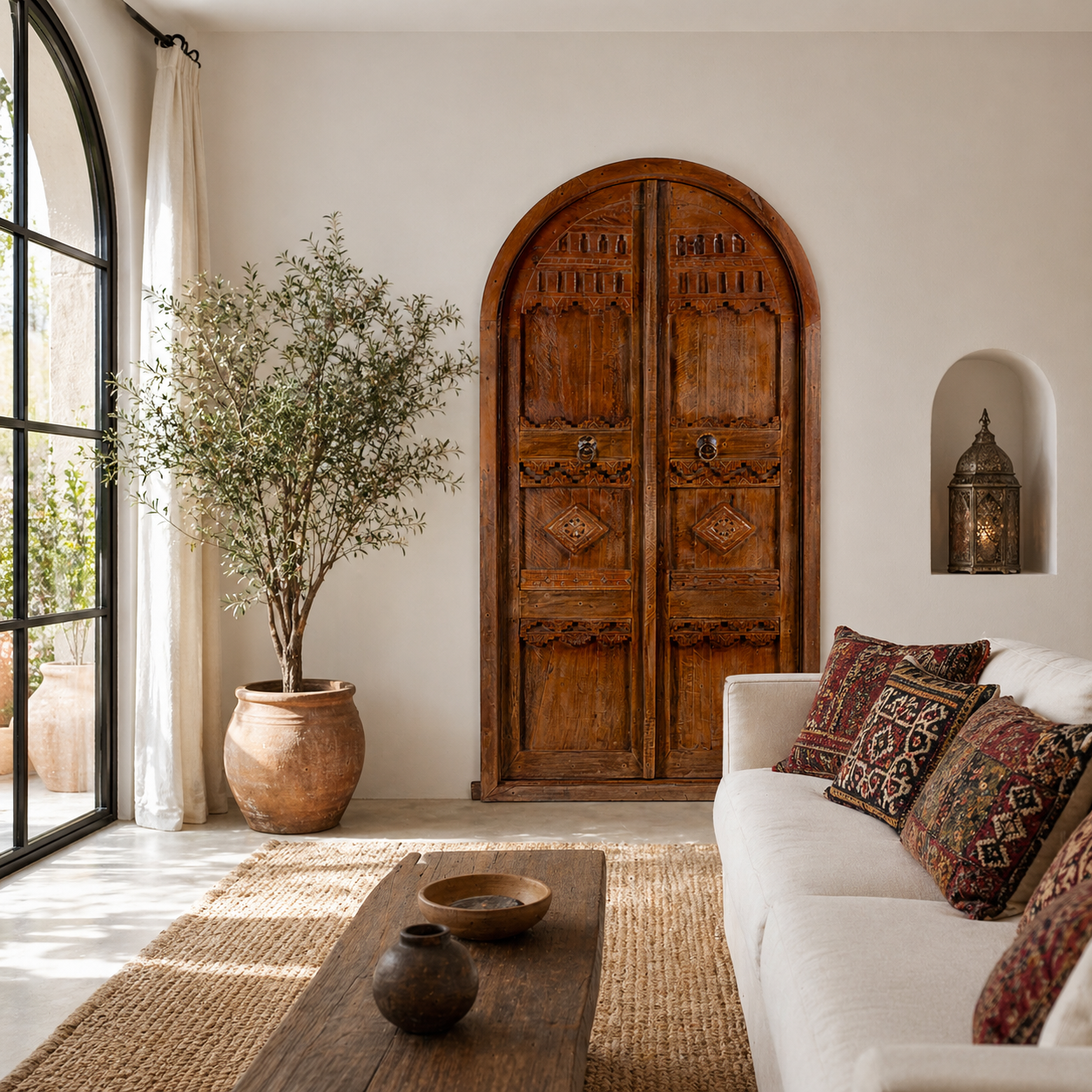 Lifestyle scene with a handcrafted arched carved wooden door made from reclaimed wood – a Moroccan-style piece ideal for boho and rustic interiors.