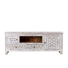 White background image of a hand-carved mango wood TV unit Pari in Mediterranean style, versatile living room furniture with drawers and compartments, 170 × 60 × 37 cm.