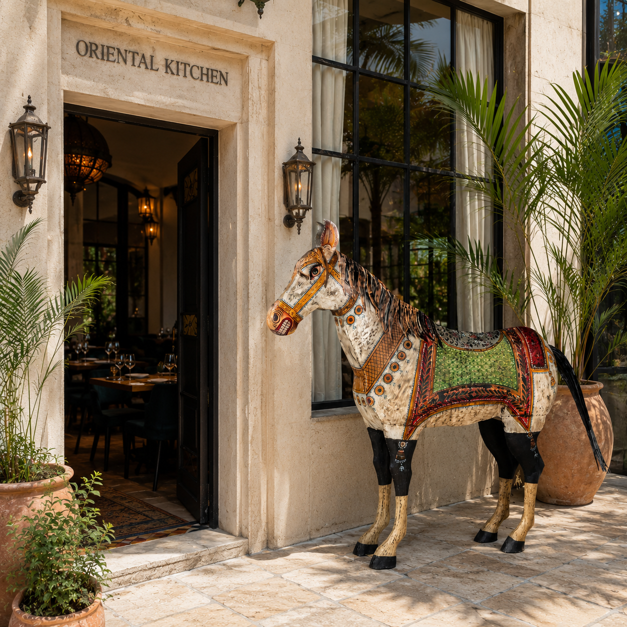 Lifestyle image of a large hand-painted decorative horse sculpture made of sheet metal in vibrant Rajasthani style, featuring intricate floral and geometric patterns in red, green, and black. Ideal for enhancing entrance areas, restaurant lobbies, hotel receptions, or luxury interior spaces.