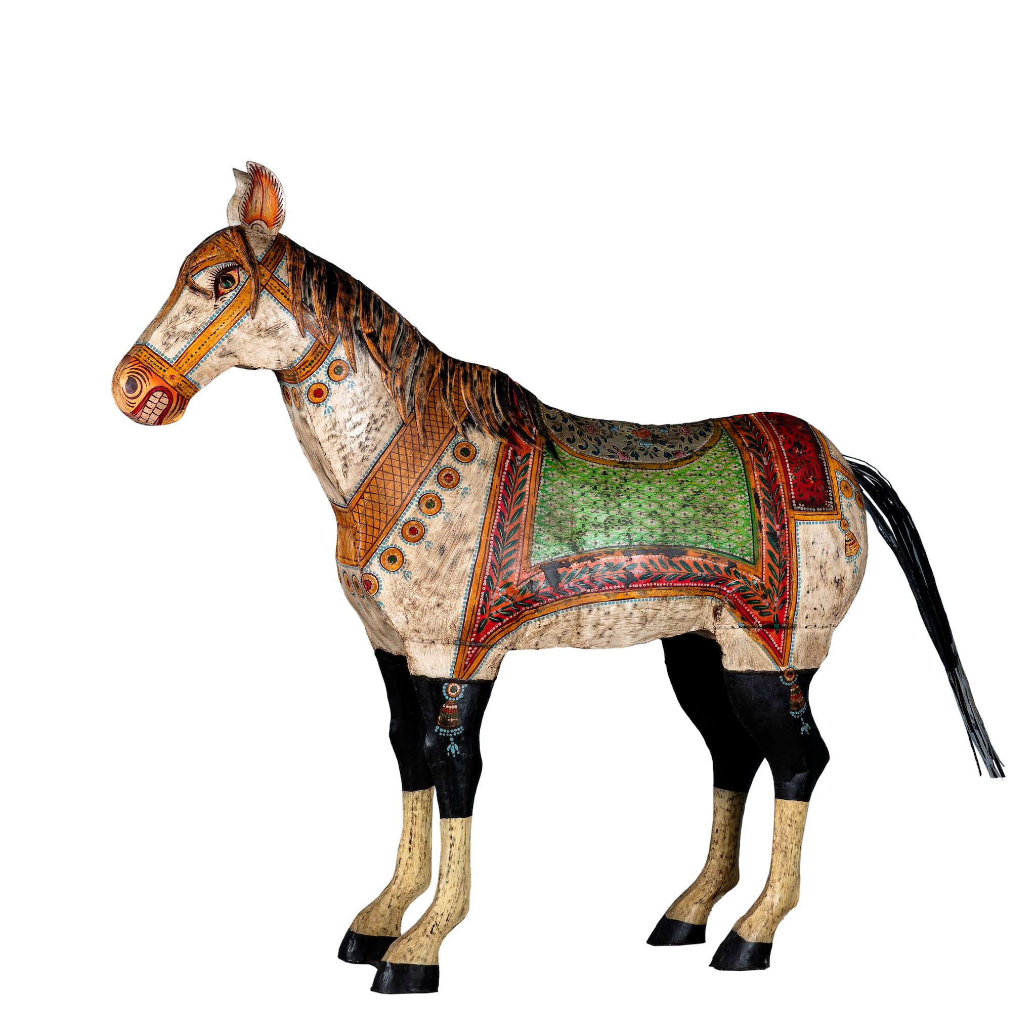 White background picture of a large hand-painted decorative horse sculpture made of sheet metal in vibrant Rajasthani style, featuring intricate floral and geometric patterns in red, green, and black. Ideal for enhancing entrance areas, restaurant lobbies, hotel receptions, or luxury interior spaces.