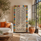 Lifestyle image of a Hand-carved mango wood cabinet with white-wash finish and ceramic detailing – artisanal furniture and carved wooden furniture with Mediterranean flair.