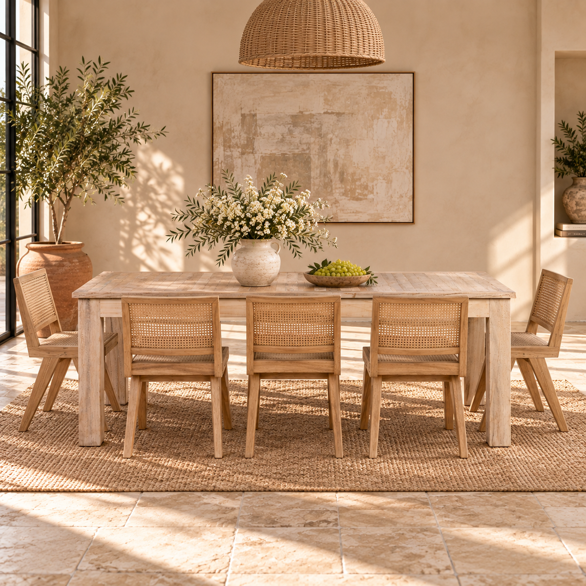 Lifestyle image of a Parthiv bleached reclaimed wood dining table with rectangular top and straight wooden legs, 180x90x76cm