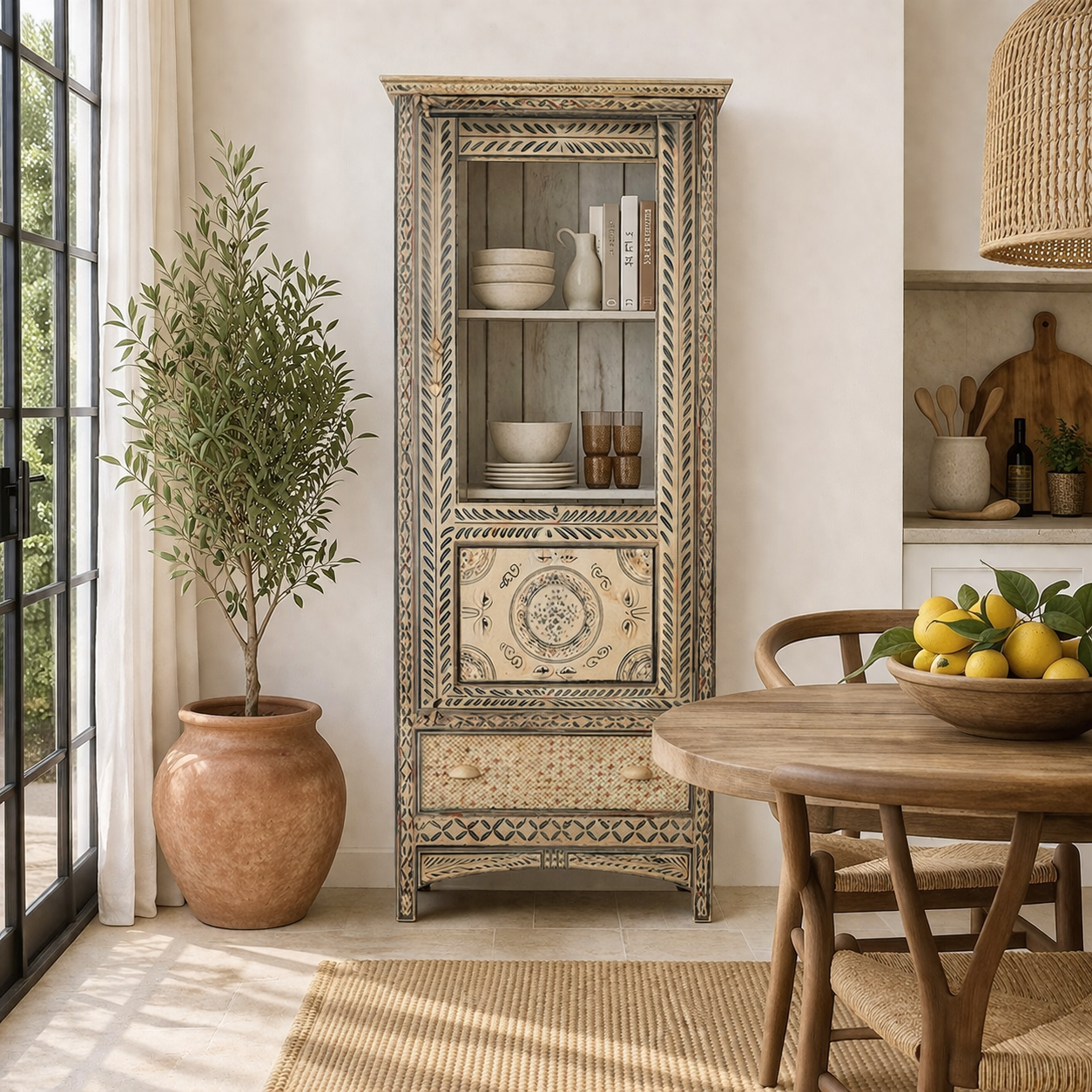 Lifestyle image of a hand-painted Indian display cabinet with engraved Sanskrit motifs, drawer and compartments – unique Indian furniture made from recycled wood with artisanal detail.