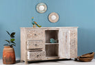 Open door and drawer image of a vintage mango wood furniture sideboard with hand-carved details and distressed style finish, 150 × 40 × 90 cm.