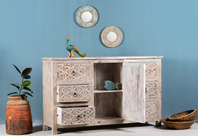 Open door and drawer image of a vintage mango wood furniture sideboard with hand-carved details and distressed style finish, 150 × 40 × 90 cm.