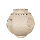 White background image of a handmade papier-mâché vase Peda with mirror-inlaid medallions and textured rim. A vintage home accessory and unique Indian decoration, perfect for dried flowers or as a sculptural accent in vintage home decor.