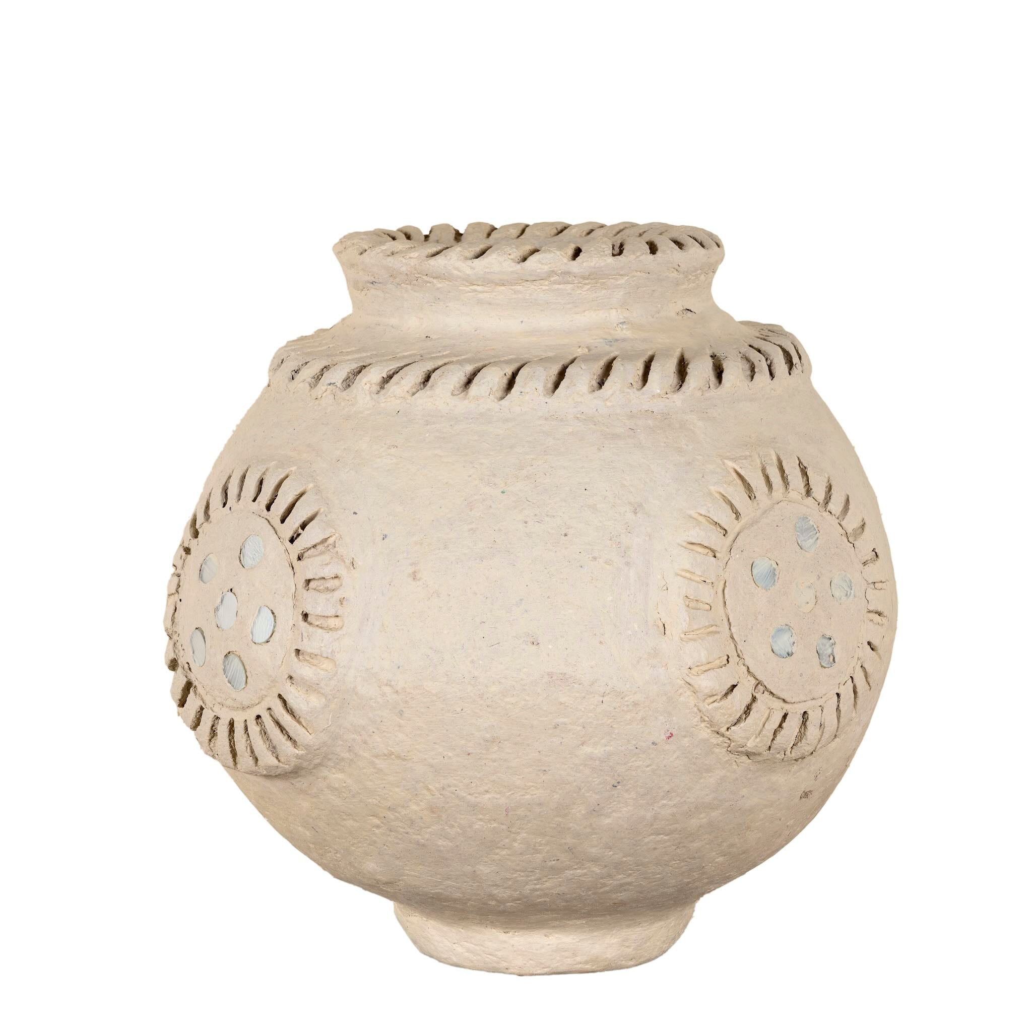 White background image of a handmade papier-mâché vase Peda with mirror-inlaid medallions and textured rim. A vintage home accessory and unique Indian decoration, perfect for dried flowers or as a sculptural accent in vintage home decor.
