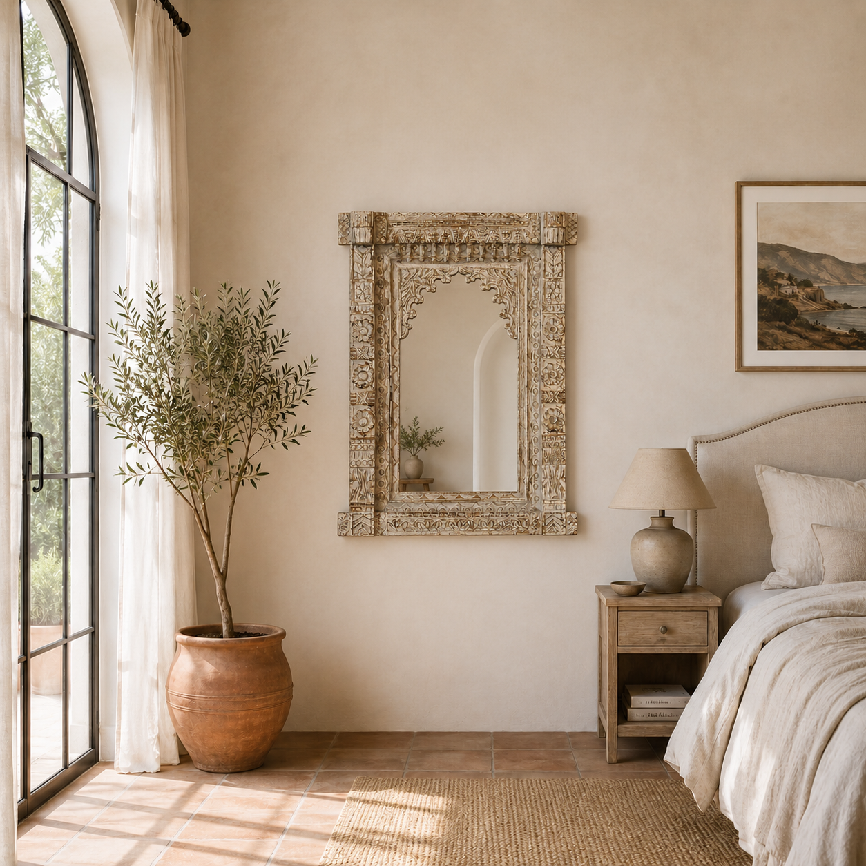 Lifestyle image of a hand‑carved mango wood mirror Persia with floral wooden frame. A bold piece of carved wooden mirror and unique wall decoration for vintage and bohemian interiors.