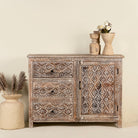 Mango wood furniture sideboard with hand-carved detailing and distressed style finish, vintage furniture storage cabinet, 120 × 40 × 90 cm.