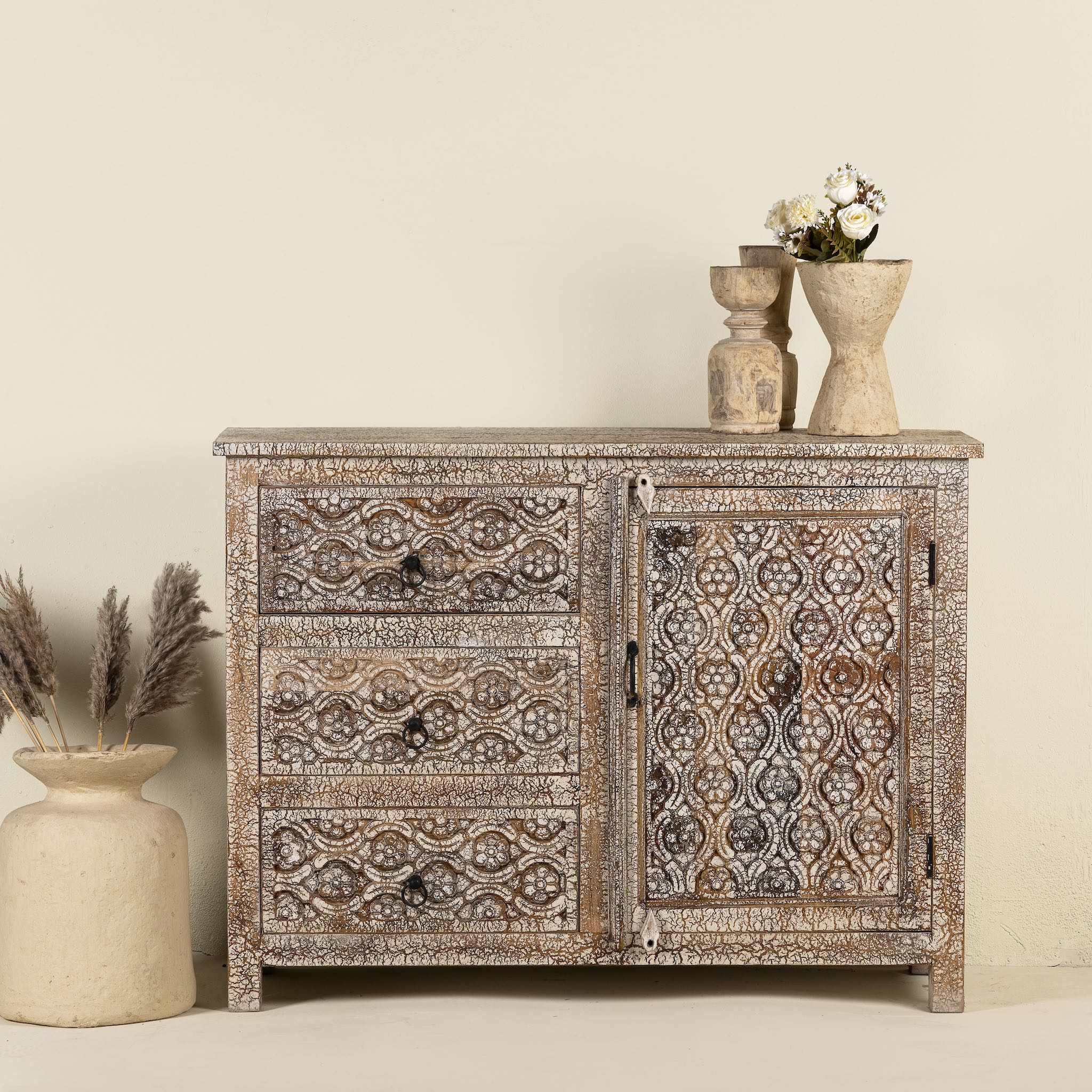 Mango wood furniture sideboard with hand-carved detailing and distressed style finish, vintage furniture storage cabinet, 120 × 40 × 90 cm.