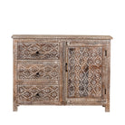 White background image of a mango wood furniture sideboard with hand-carved detailing and distressed style finish, vintage furniture storage cabinet, 120 × 40 × 90 cm.