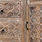 Close up image of a Mango wood furniture sideboard with hand-carved detailing and distressed style finish, vintage furniture storage cabinet, 120 × 40 × 90 cm.