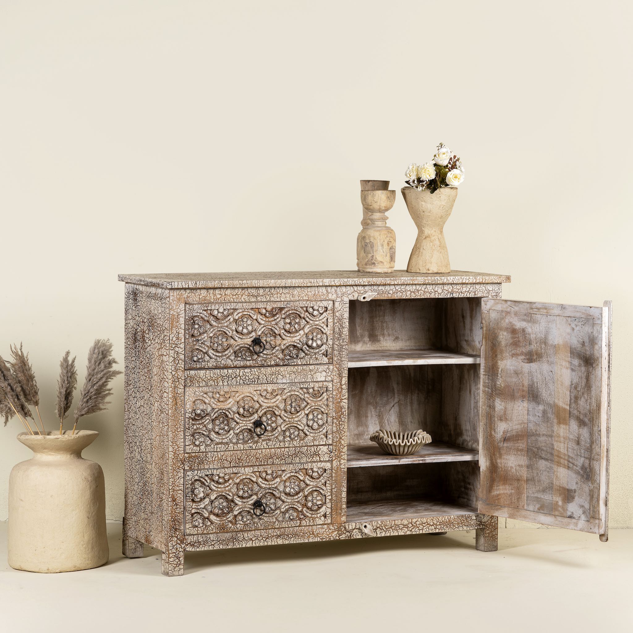 Open doors image of a mango wood furniture sideboard with hand-carved detailing and distressed style finish, vintage furniture storage cabinet, 120 × 40 × 90 cm.