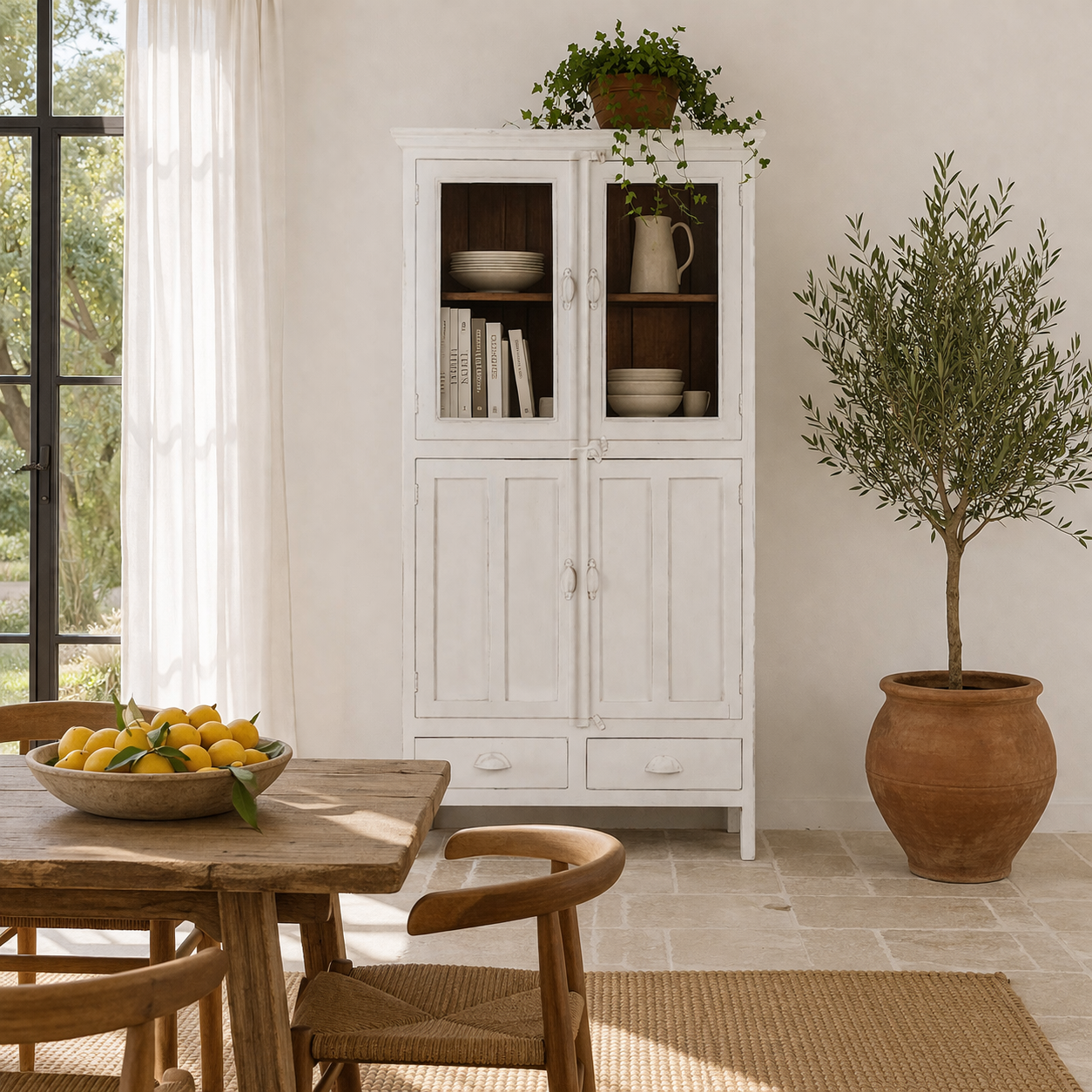 lifestyle image of a shabby chic teak wood cabinet with glass doors, drawers, and compartments – sustainable living room furniture crafted from refurbished teak wood with a soft white finish.