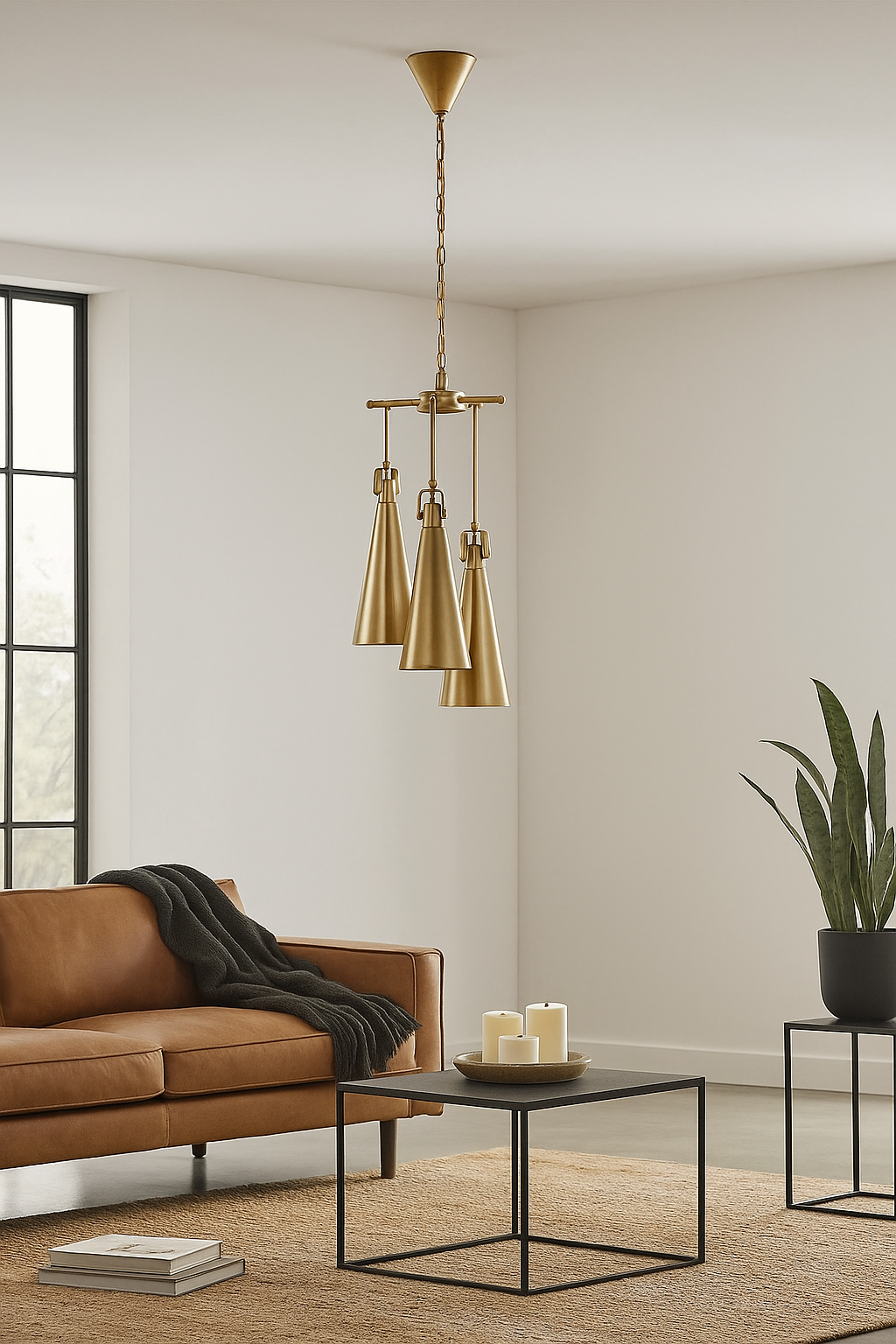 Lifestyle image of a polished brass iron pendant lamp with sleek tapered shape – minimalistic style lighting fixture with three lights for kitchens, dining rooms, or entryways.