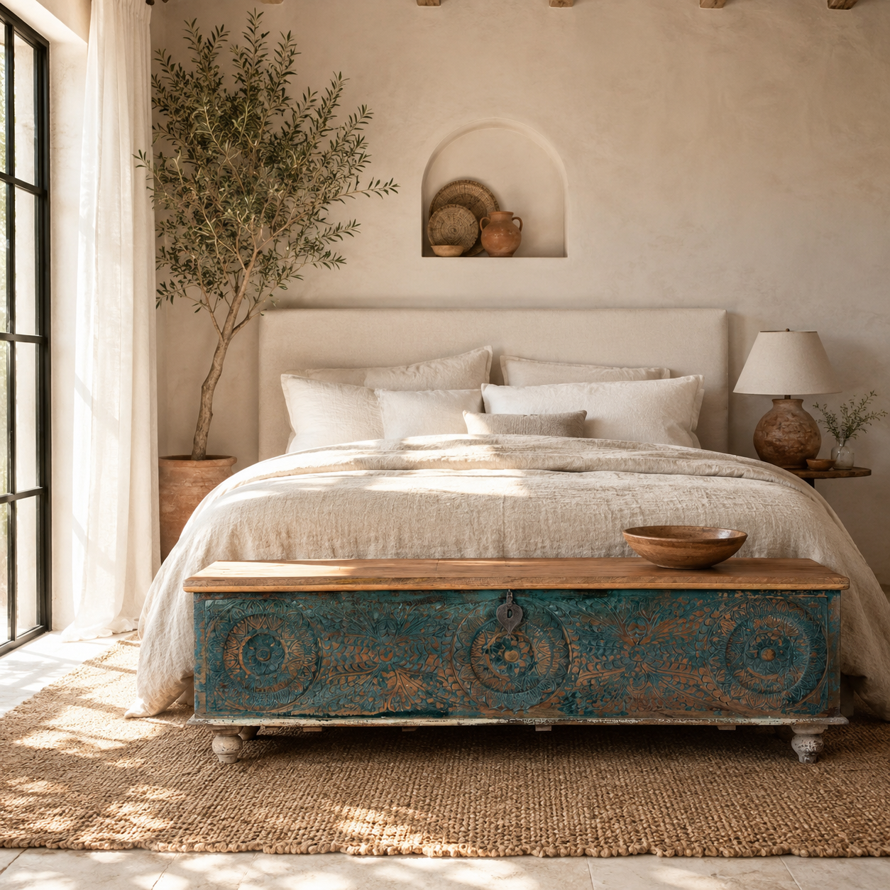 Lifestyle image of a mediterranean-style mango wood chest with natural finish – vintage style furniture ideal as a coffee table or TV stand with storage.