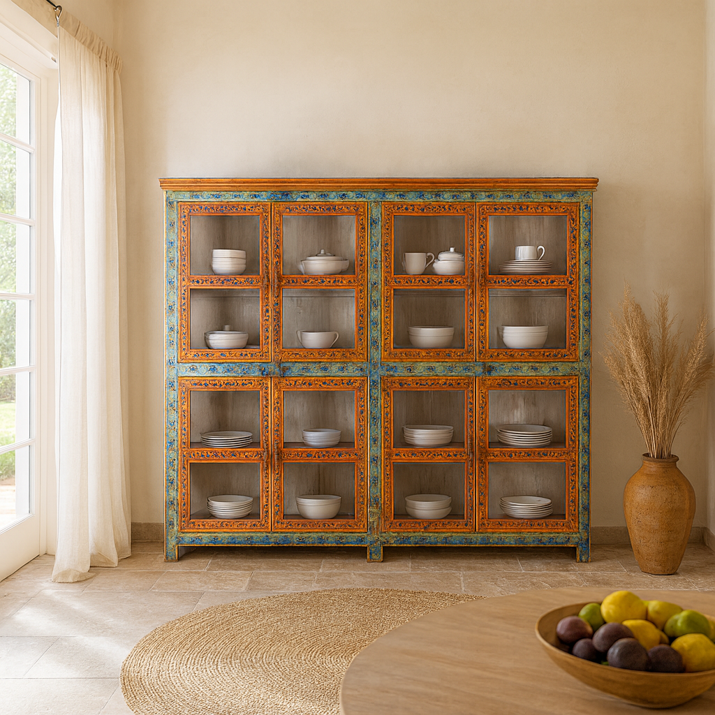 Lifestyle imagination of a hand-painted reclaimed wood showcase cabinet with Ibiza-style motifs, glass-panelled doors, unique wooden furniture for living room, 213 × 40 × 170 cm.