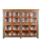 White background image of a hand-painted reclaimed wood showcase cabinet with Ibiza-style motifs, glass-panelled doors, unique wooden furniture for living room, 213 × 40 × 170 cm.