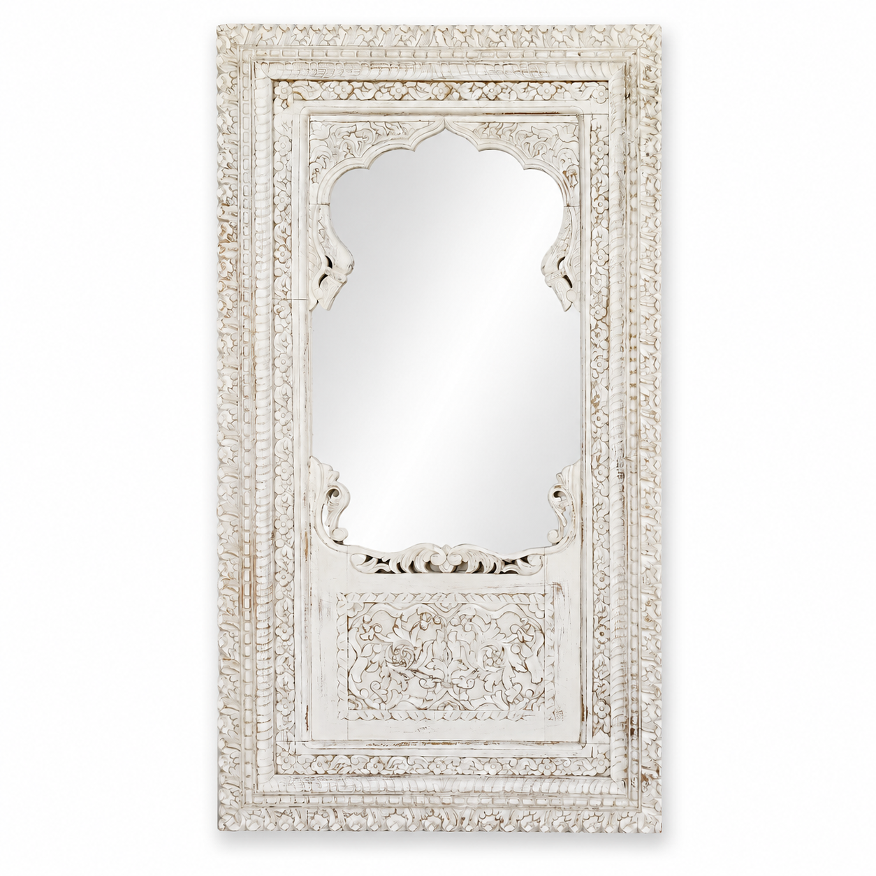White background image of a tall white washed wall mirror with intricately hand carved mango wood frame; 190 × 109 × 10