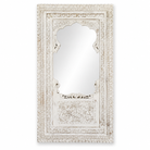 White background image of a tall white washed wall mirror with intricately hand carved mango wood frame; 190 × 109 × 10