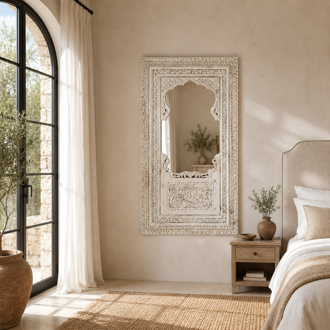 Lifestyle image of a tall white washed wall mirror with intricately hand carved mango wood frame; 190 × 109 × 10