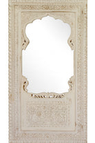 White background image of a tall white washed wall mirror with intricately hand carved mango wood frame; 190 × 109 × 10