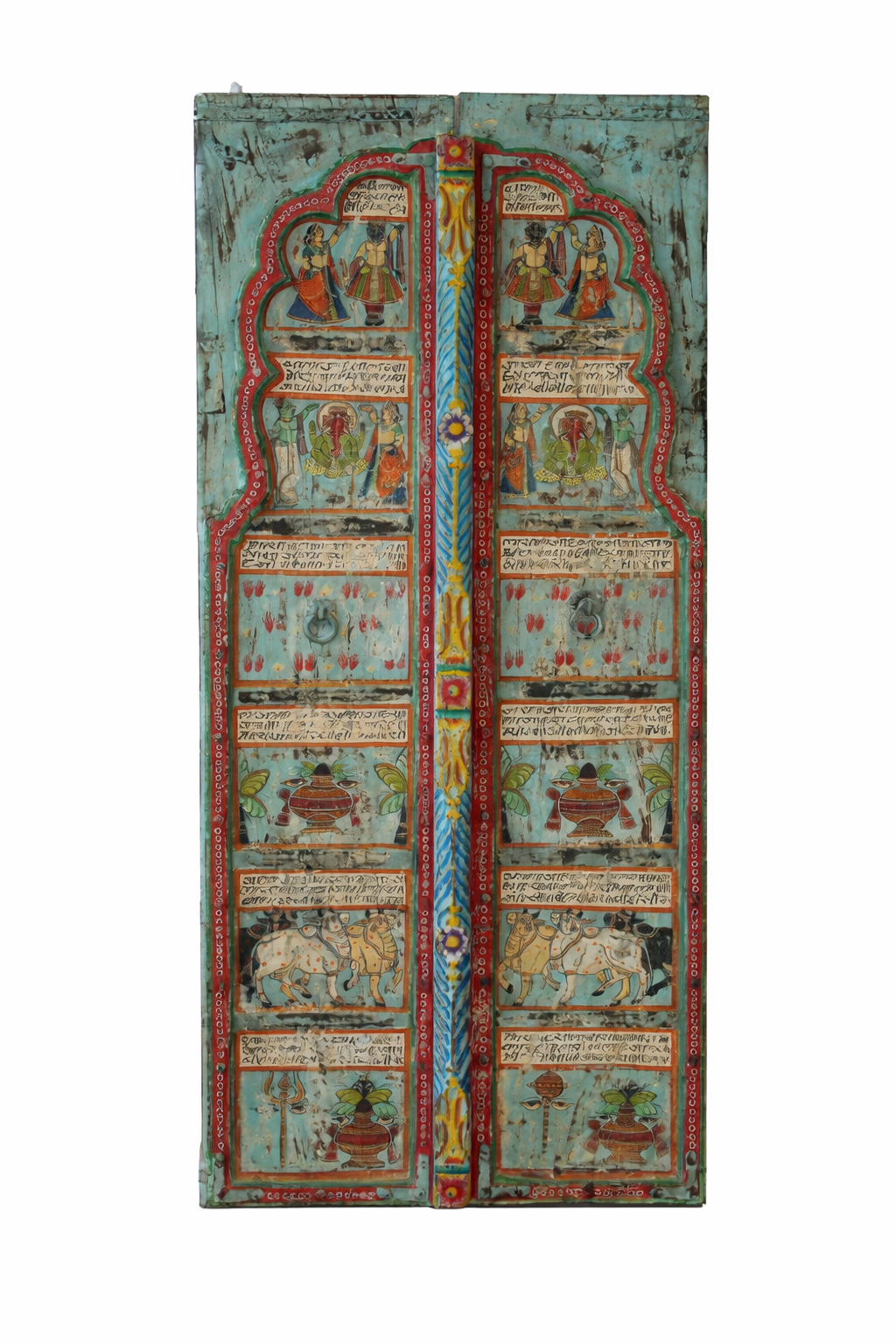 White background image of a hand‑painted antique Indian old door panel Prabhaat with mythological scenes, crafted as unique Indian furniture and wall decoration. A vibrant teak wood piece perfect for vintage and artistic interiors.