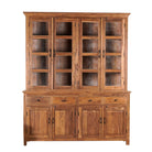 White background image of a two-part showcase cabinet made from reclaimed teak wood, featuring glass-panel upper doors for display, four drawers for storage, and lower cabinets with solid wood doors in a natural finish.