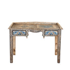 White background image of a Pranay hand painted reclaimed wood desk with blue and white floral motifs and two drawers 114cm