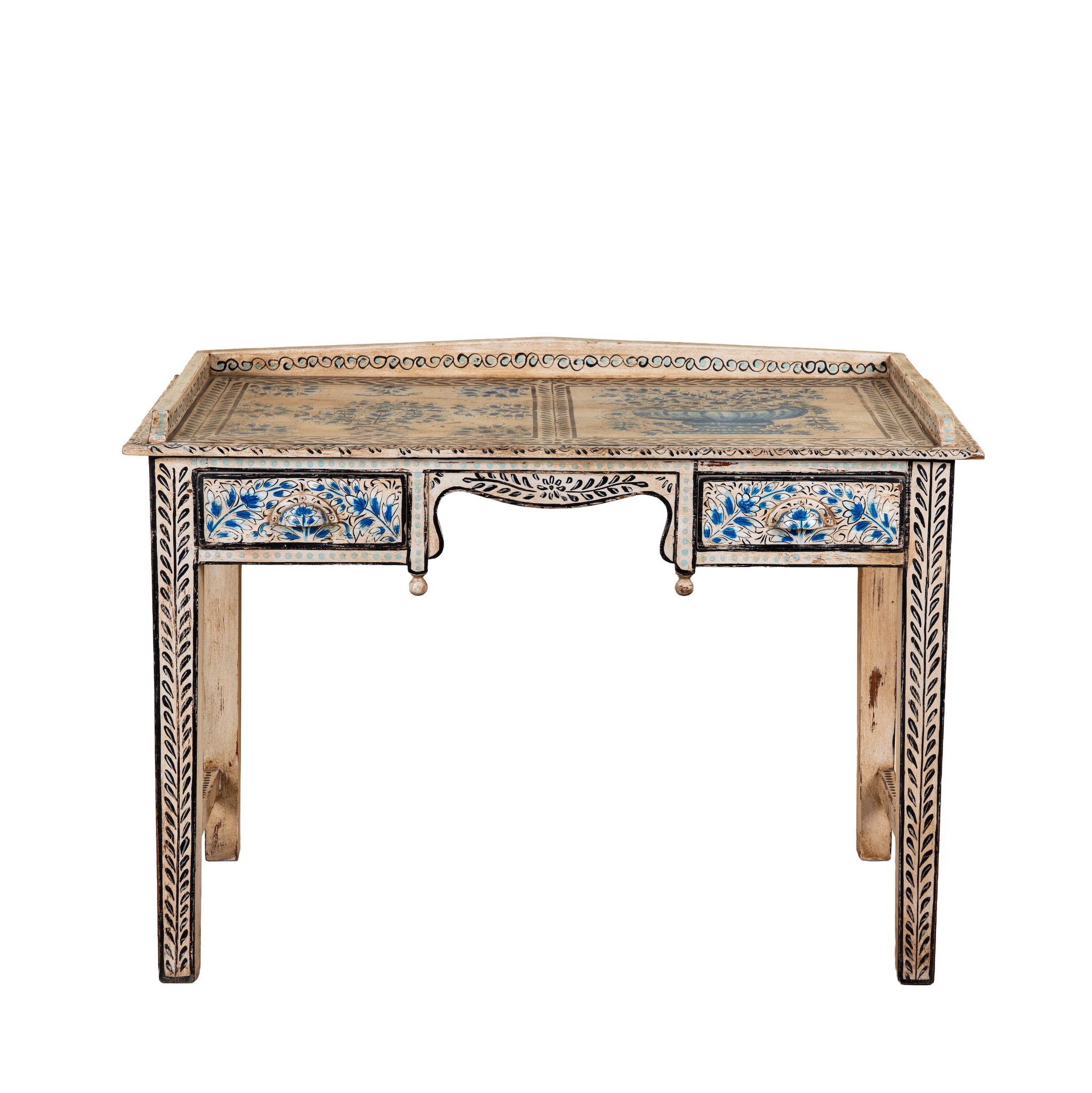 White background image of a Pranay hand painted reclaimed wood desk with blue and white floral motifs and two drawers 114cm
