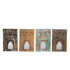 White background image of hand-carved small wooden wall mirrors Pranith with arched Indian jharokha designs, available in various vintage finishes. A unique Indian decoration and vintage home accessory for layered vintage home decor.