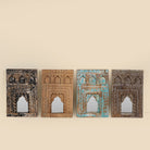 Hand-carved small wooden wall mirrors Pranith with arched Indian jharokha designs, available in various vintage finishes. A unique Indian decoration and vintage home accessory for layered vintage home decor.