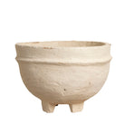 White background image of a handmade papier-mâché bowl Pranshi in a soft matte finish with rounded shape and feet. A vintage home accessory and unique Indian decoration ideal for vintage home decor, bathrooms, kitchens, or dried plants.