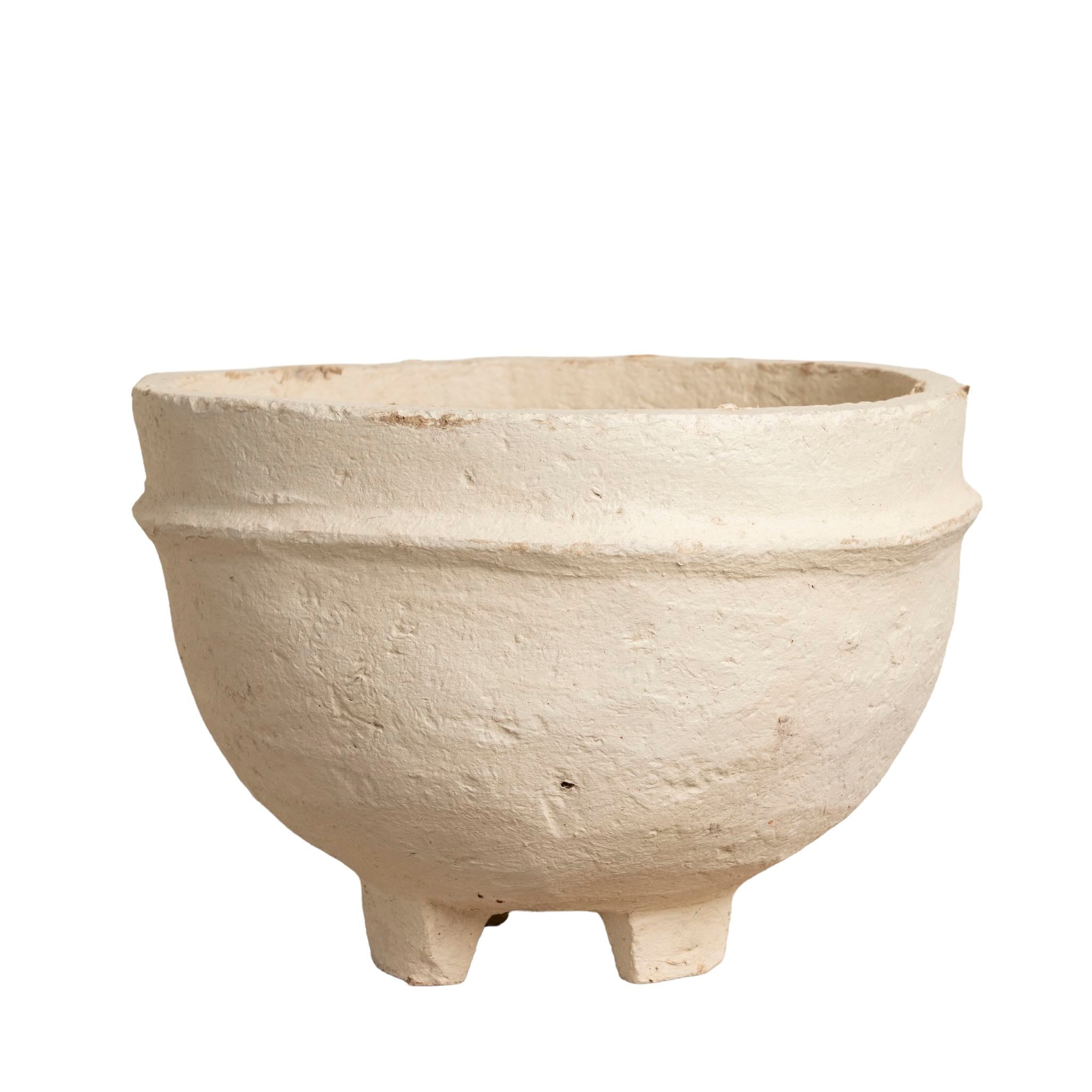 White background image of a handmade papier-mâché bowl Pranshi in a soft matte finish with rounded shape and feet. A vintage home accessory and unique Indian decoration ideal for vintage home decor, bathrooms, kitchens, or dried plants.