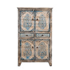 White background image of a hand-painted wooden cabinet made from reclaimed wood with blue floral motifs – sustainable furniture with artistic charm and vintage appeal.