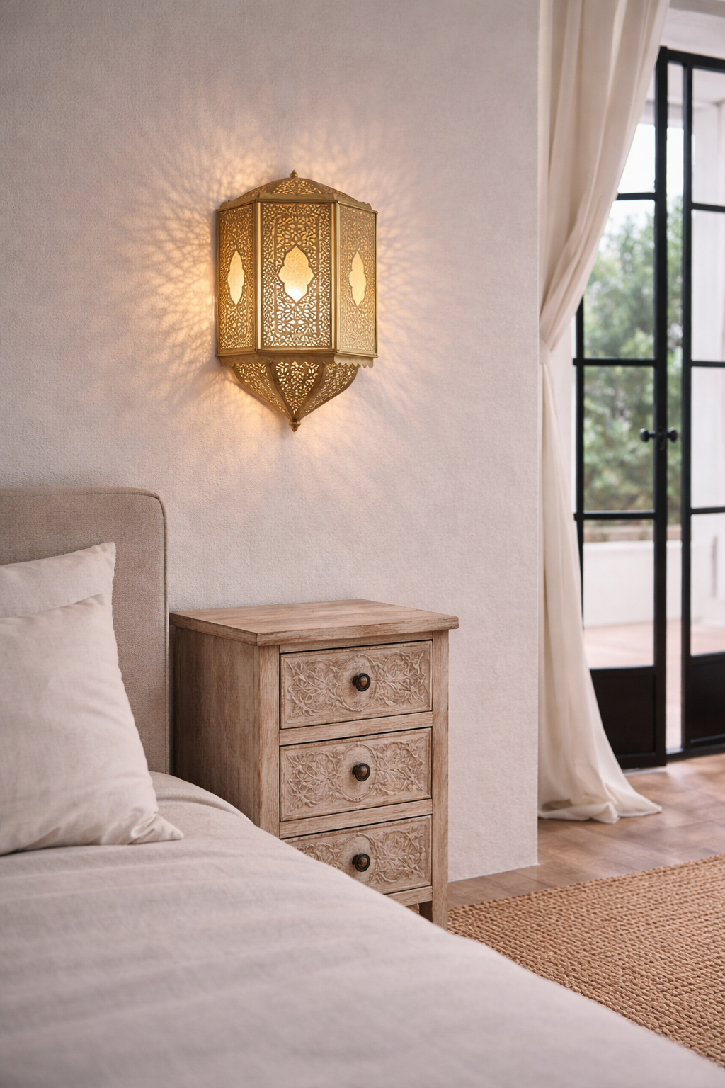 Lifestyle imagination of a hand-stamped iron wall lamp Prisha with intricate perforated patterns and antique brass finish, a vintage iron lamp creating warm ambient lighting.