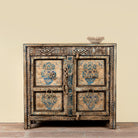 Prithvi reclaimed wood cabinet with original Indian doors and hand-painted blue and white floral design.
