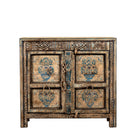 White background image of a Prithvi reclaimed wood cabinet with original Indian doors and hand-painted blue and white floral design.