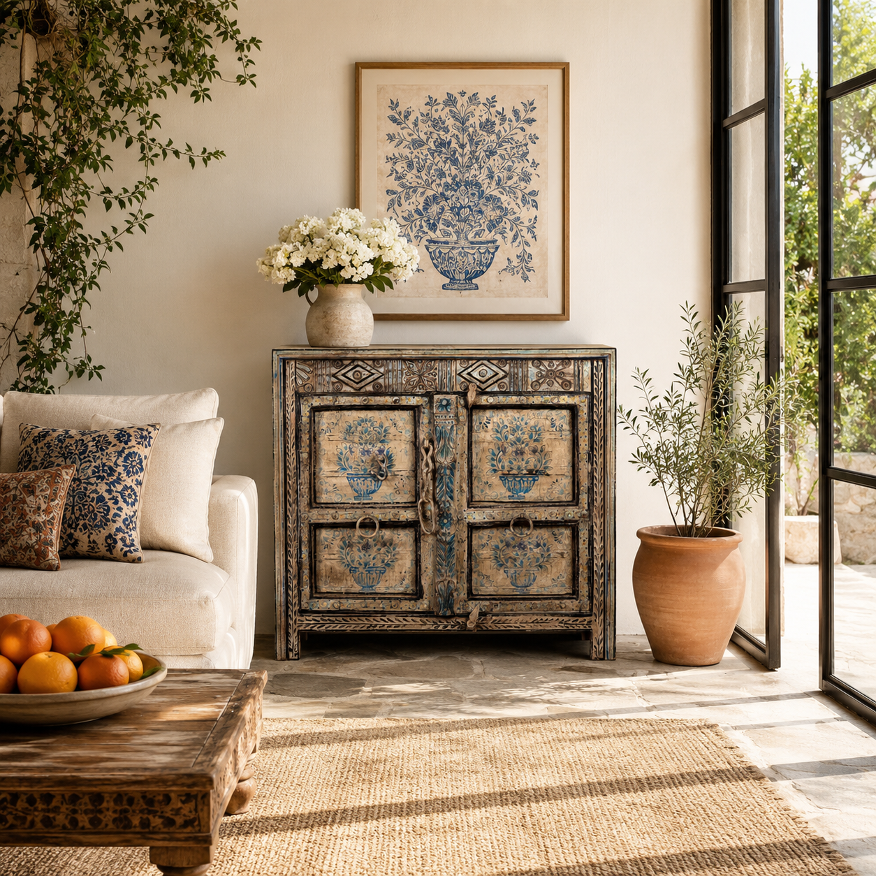 Lifestyle image of a Prithvi reclaimed wood cabinet with original Indian doors and hand-painted blue and white floral design.