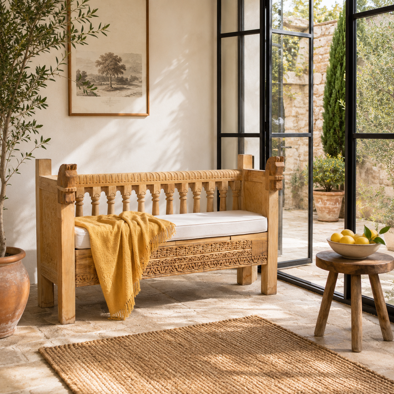 Pulikat reclaimed teak wood double seater bench with carved horse heads and storage, 150cm