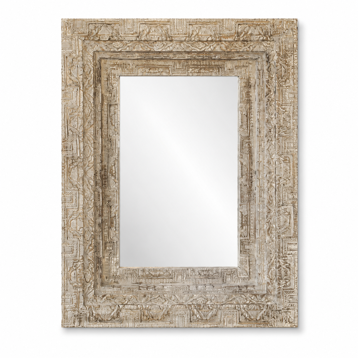 White background image of a vintage mango wood mirror with hand-carved frame; rectangular wall mirror, 76 × 102 cm.