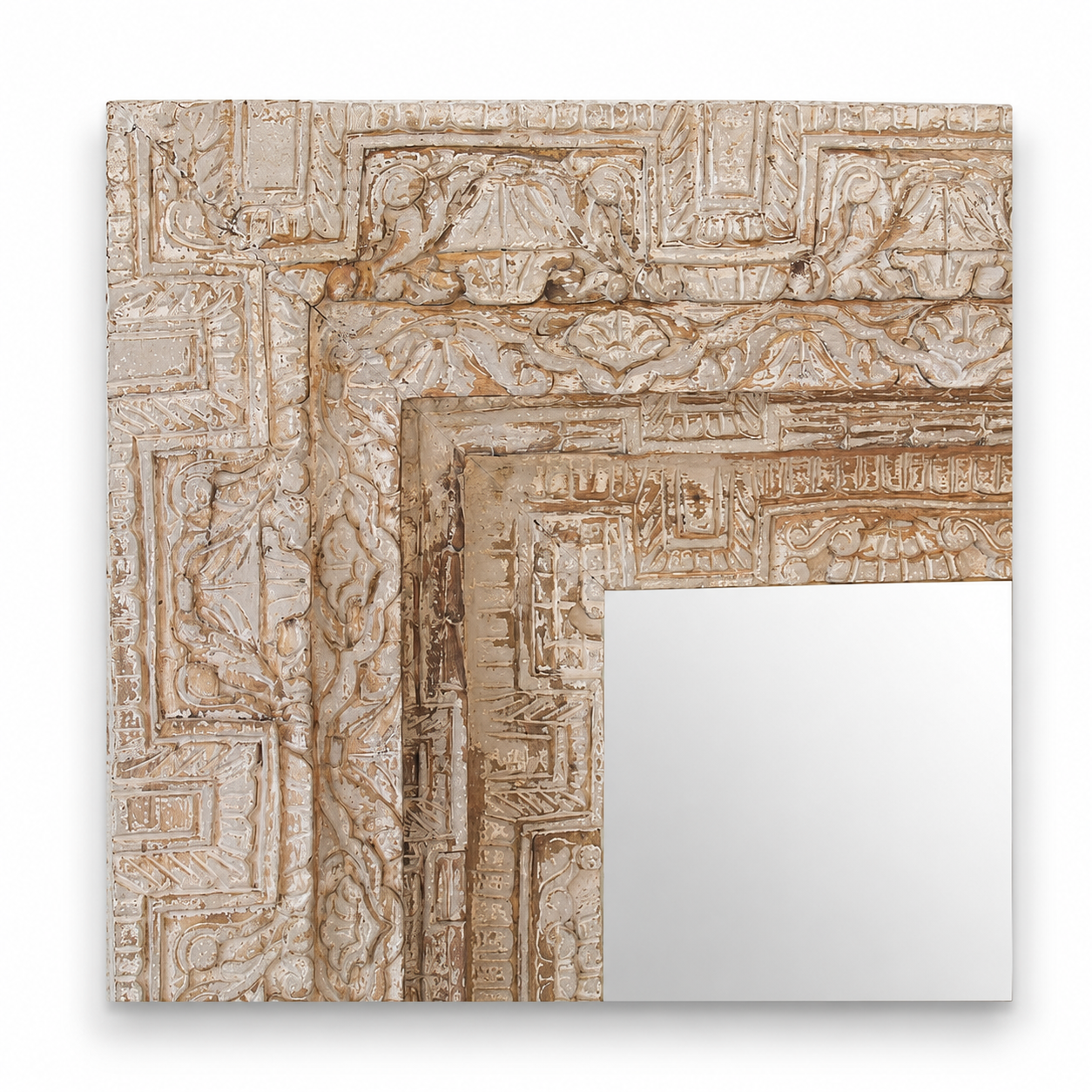 Close up image of a vintage mango wood mirror with hand-carved frame; rectangular wall mirror, 76 × 102 cm.