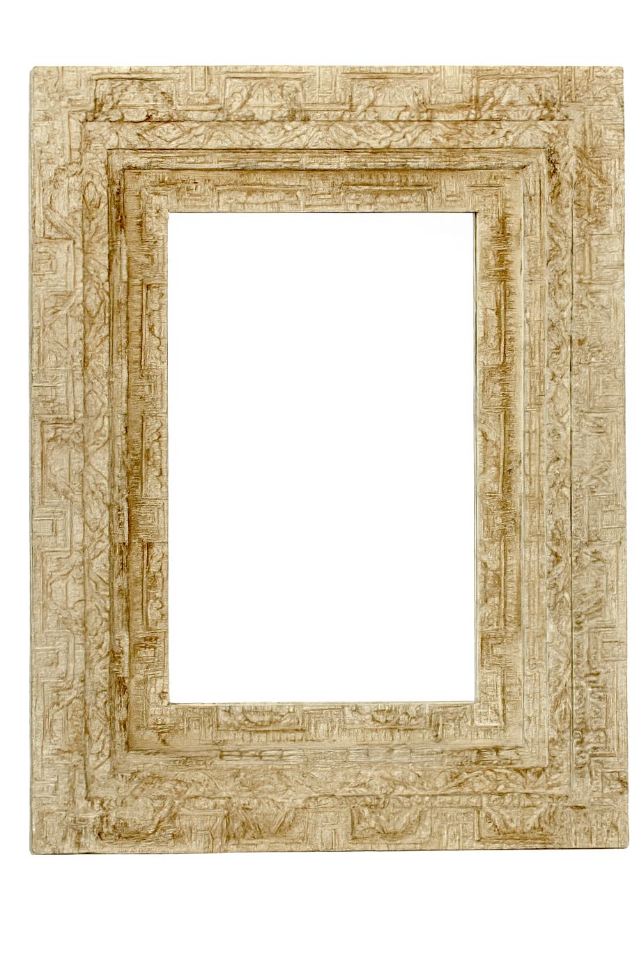 White background image of a vintage mango wood mirror with hand-carved frame; rectangular wall mirror, 76 × 102 cm.