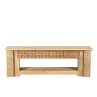White background image of a Purna reclaimed teak wood bench with hand carved Indian house elements and lower shelf 160cm