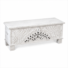 Side angle image of a Hand-carved mango wood vintage chest with floral detailing – a one-of-a-kind mango wood chest ideal for Mediterranean-inspired interiors.