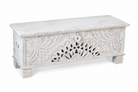 White background image of a lifestyle image of a Hand-carved mango wood vintage chest with floral detailing – a one-of-a-kind mango wood chest ideal for Mediterranean-inspired interiors.