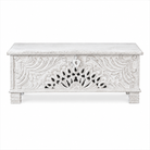 White background image of a Hand-carved mango wood vintage chest with floral detailing – a one-of-a-kind mango wood chest ideal for Mediterranean-inspired interiors.